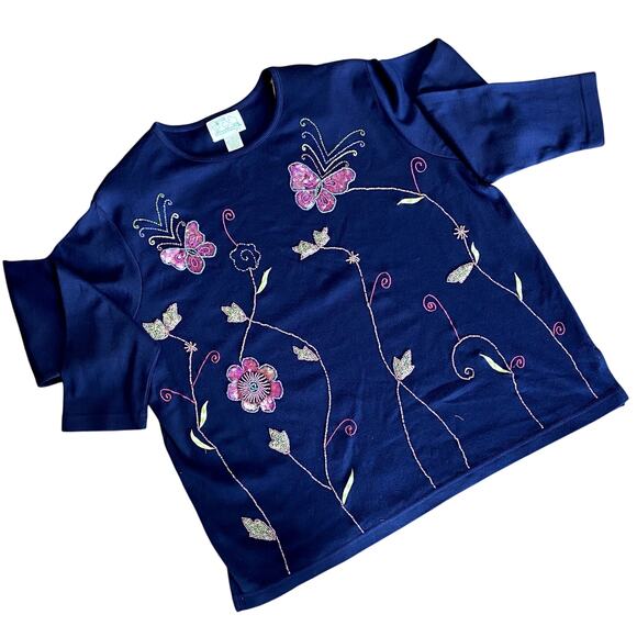 Vintage Quacker Factory Women's Navy Embellished Butterfly Floral Top 1X - Picture 1 of 10